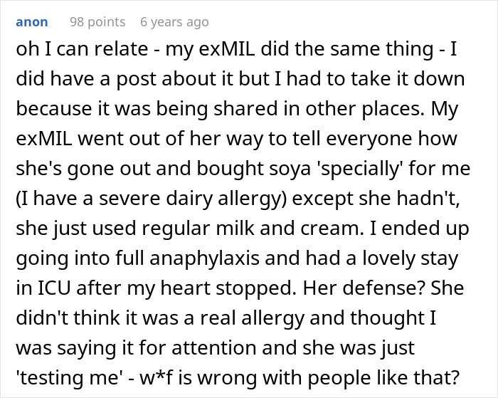 A screenshot showing a Reddit comment about an exMIL who thinks shellfish allergy is fake and gave her regular milk. A screenshot showing a Reddit comment about an exMIL who thinks shellfish allergy is fake and gave her regular milk.
