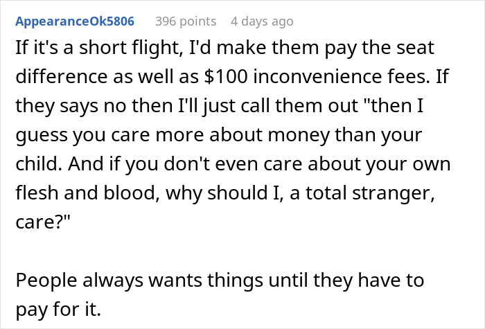 A screenshot of a Reddit comment regarding a woman paying extra for an airplane window seat. A screenshot of a Reddit comment regarding a woman paying extra for an airplane window seat.