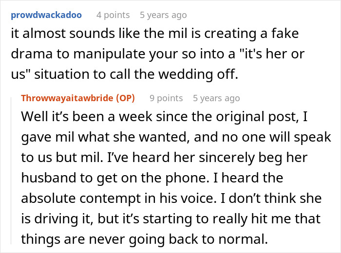 A screenshot of a comment from proudwackadoo discussing the MIL's manipulation tactics regarding the wedding dress. A screenshot of a comment from proudwackadoo discussing the MIL's manipulation tactics regarding the wedding dress.