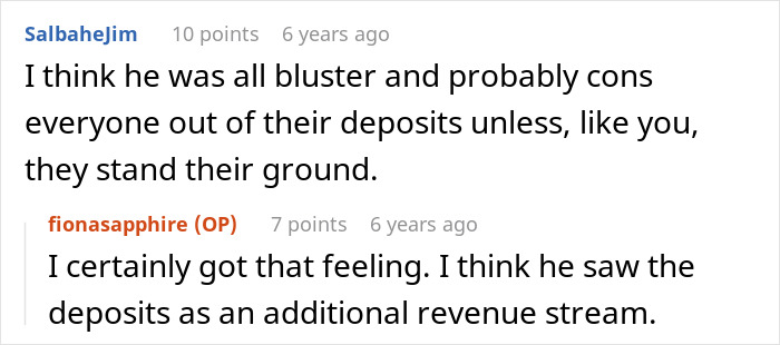 A screenshot of a comment thread where users discuss a landlord refusing to return a deposit over a car. A screenshot of a comment thread where users discuss a landlord refusing to return a deposit over a car.
