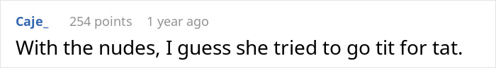 A comment sarcastically referencing a woman getting tattoos and a boyfriend leaving, using the phrase tit for tat. A comment sarcastically referencing a woman getting tattoos and a boyfriend leaving, using the phrase tit for tat.