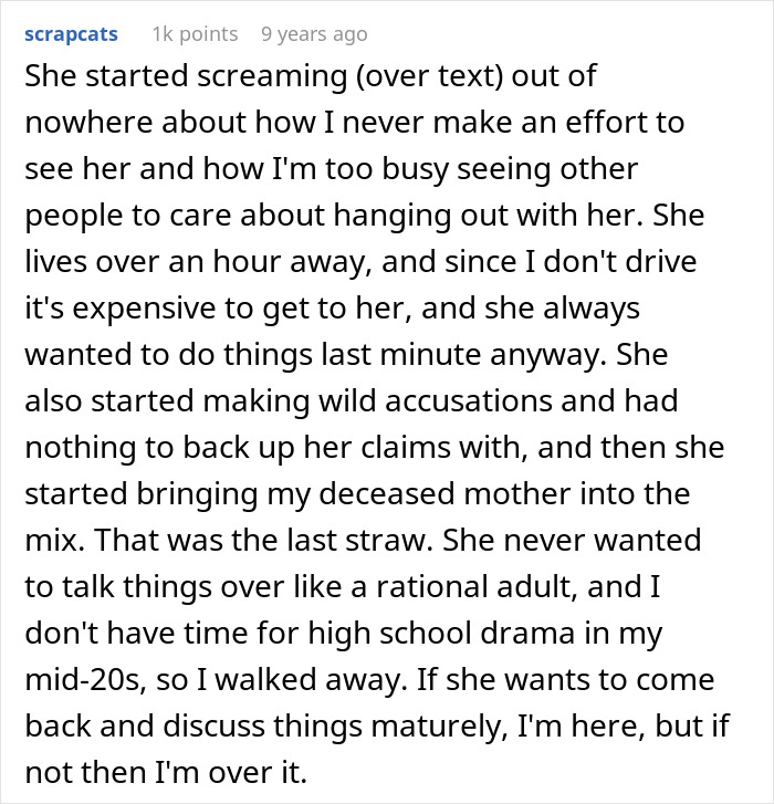 A Reddit post screenshot detailing how a fake friend made wild accusations and brought a deceased mother into drama.