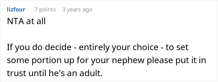 A Reddit comment advises setting aside an inheritance for a nephew in trust until he is an adult, avoiding inheritance drama. A Reddit comment advises setting aside an inheritance for a nephew in trust until he is an adult, avoiding inheritance drama.