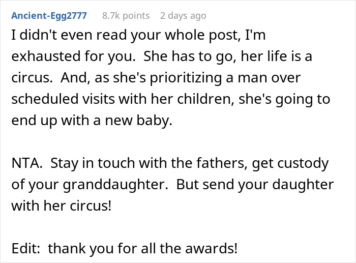 A Reddit comment advising parents to get custody for their grandchild, given the daughter's toxic boyfriend choice. A Reddit comment advising parents to get custody for their grandchild, given the daughter's toxic boyfriend choice.