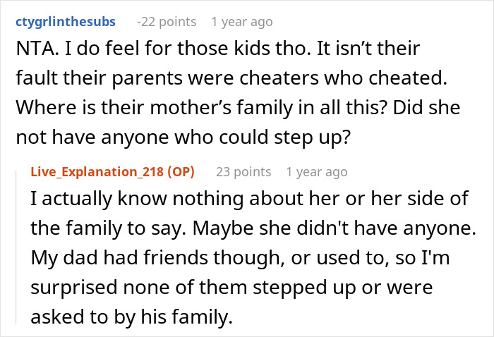 A Reddit comment supporting the man not saving his half-siblings from foster care, questioning the mother's family.