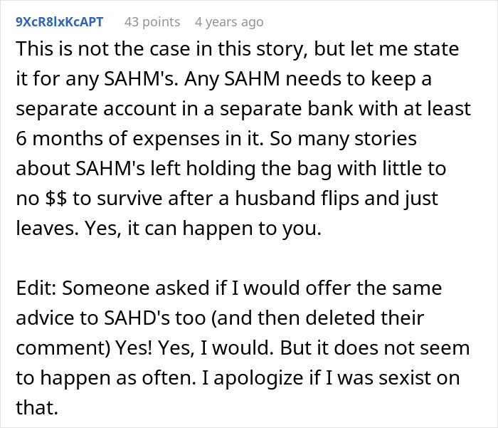A screenshot of a comment advising stay-at-home parents to have a separate bank account for expenses, relating to a wife hiding money. A screenshot of a comment advising stay-at-home parents to have a separate bank account for expenses, relating to a wife hiding money.