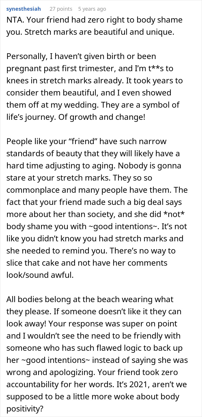A detailed comment on body-shaming, unsolicited bikini advice, and body positivity from a friend. A detailed comment on body-shaming, unsolicited bikini advice, and body positivity from a friend.