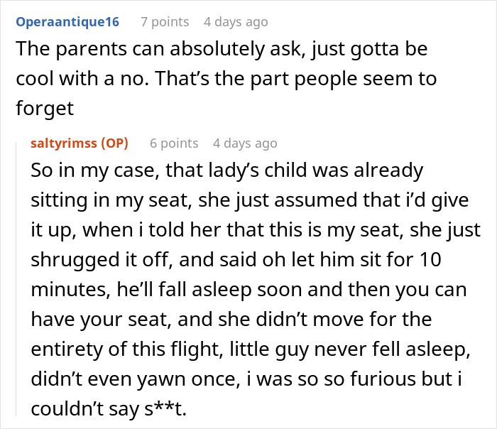 A comment describes being furious that a kid occupied her paid-for airplane window seat for the entire flight. A comment describes being furious that a kid occupied her paid-for airplane window seat for the entire flight.