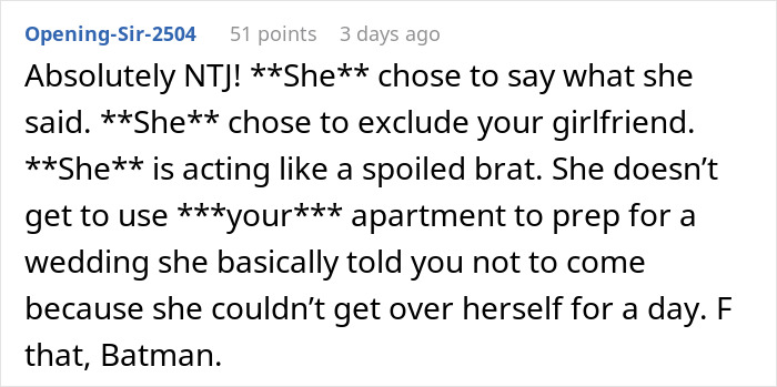 A Reddit comment from Opening-Sir-2504 asserting the bride chose to exclude the girlfriend from the wedding. A Reddit comment from Opening-Sir-2504 asserting the bride chose to exclude the girlfriend from the wedding.
