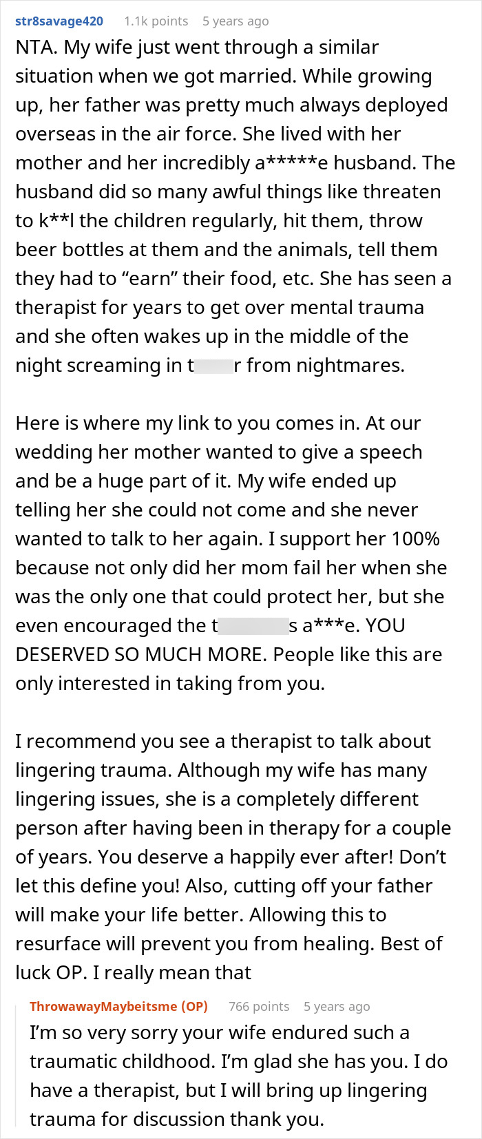 A long Reddit comment supports the user's refusal to be a bone marrow match for their estranged dad's wife, citing past trauma. A long Reddit comment supports the user's refusal to be a bone marrow match for their estranged dad's wife, citing past trauma.