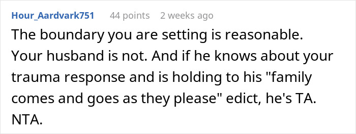 A comment stating the wife's boundary is reasonable but the husband's response to his wife is not. A comment stating the wife's boundary is reasonable but the husband's response to his wife is not.