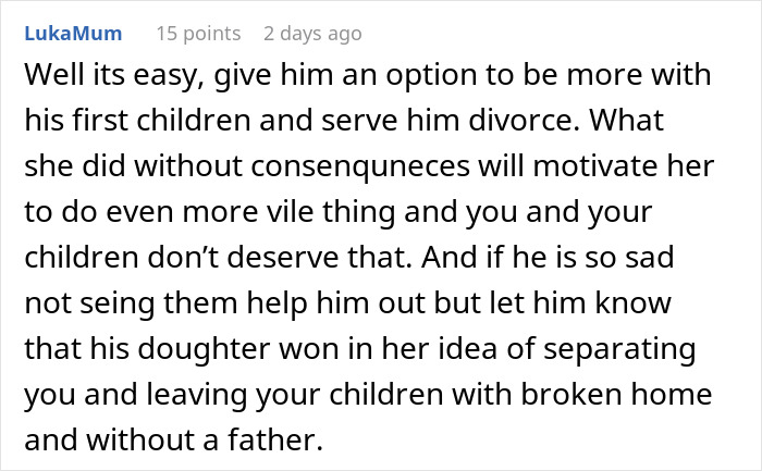 A comment suggesting divorce to a stepmom dealing with her husband and his daughter's actions.