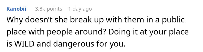 A comment asking why a woman would dump four men at her bestie's apartment instead of a public place. A comment asking why a woman would dump four men at her bestie's apartment instead of a public place.