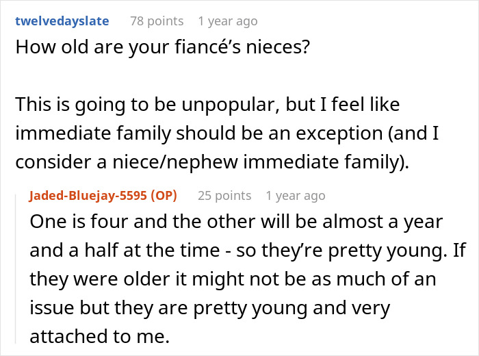 Reddit comments discussing child-free celebration and in-laws demanding special exceptions for nieces.