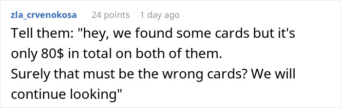 A comment suggesting to claim only $80 was found on the gift cards, hinting at the wedding drama and used gift cards.