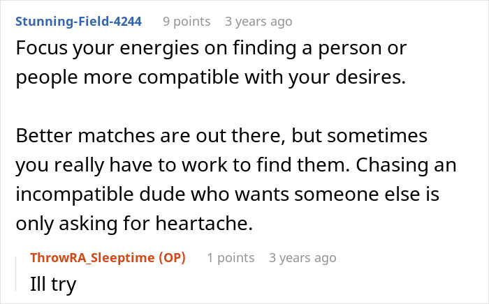 A Reddit comment advising a user to find a compatible partner instead of chasing an open relationship A Reddit comment advising a user to find a compatible partner instead of chasing an open relationship