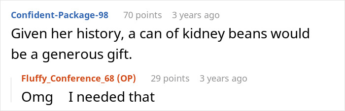 A Reddit comment making a sarcastic remark about kidney beans for a toxic mom, her health neglect and kidney assumption.
