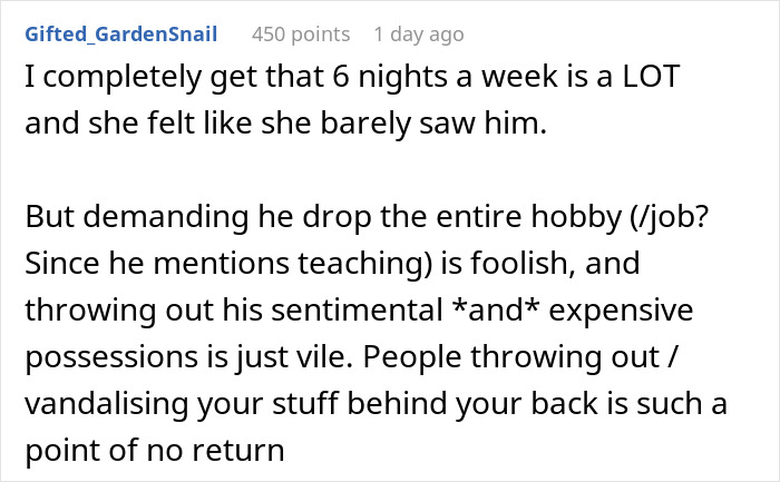 Comment on the impact of demanding fiancé quit martial arts and destroying gear Comment on the impact of demanding fiancé quit martial arts and destroying gear