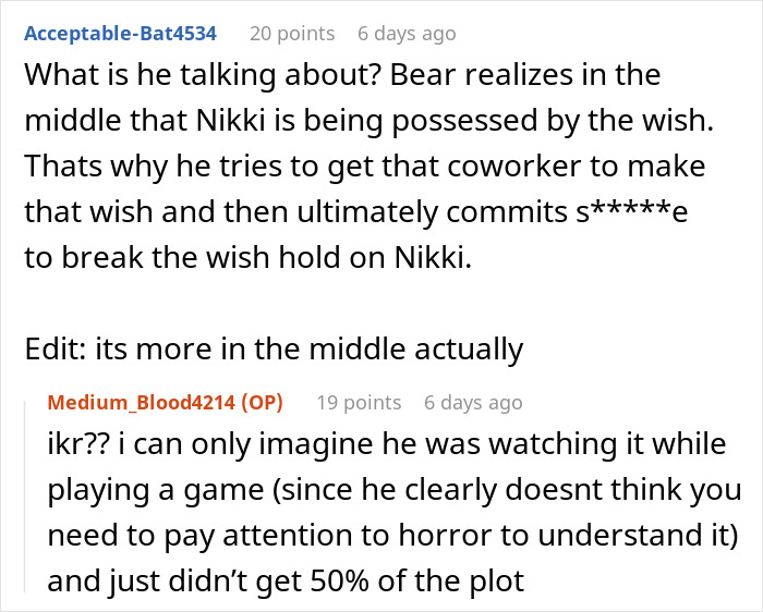 Reddit discussion clarifying the obsession movie plot details
