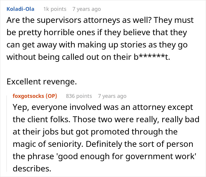 Online comments discussing supervisors behavior and an employee's successful counter-action, making supervisors look bad. Online comments discussing supervisors behavior and an employee's successful counter-action, making supervisors look bad.