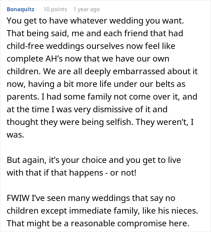 A screenshot of a comment from a child-free celebration discussion, highlighting in-laws demanding special exceptions.