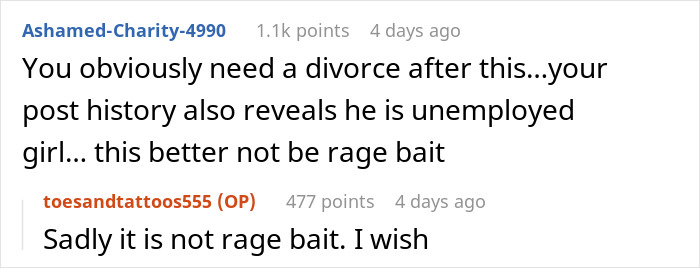 A screenshot of comments discussing a wife's hubby flirting, suggesting divorce and calling out rage bait.