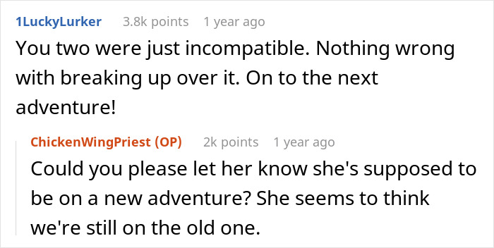 Screenshot of Reddit comments discussing a couple's incompatibility after a woman gets tattoos. Screenshot of Reddit comments discussing a couple's incompatibility after a woman gets tattoos.