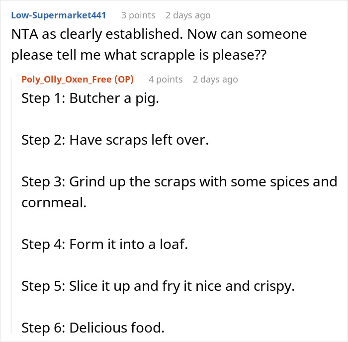 A screenshot of a Reddit comment detailing how to make scrapple, related to a man's BIL. A screenshot of a Reddit comment detailing how to make scrapple, related to a man's BIL.