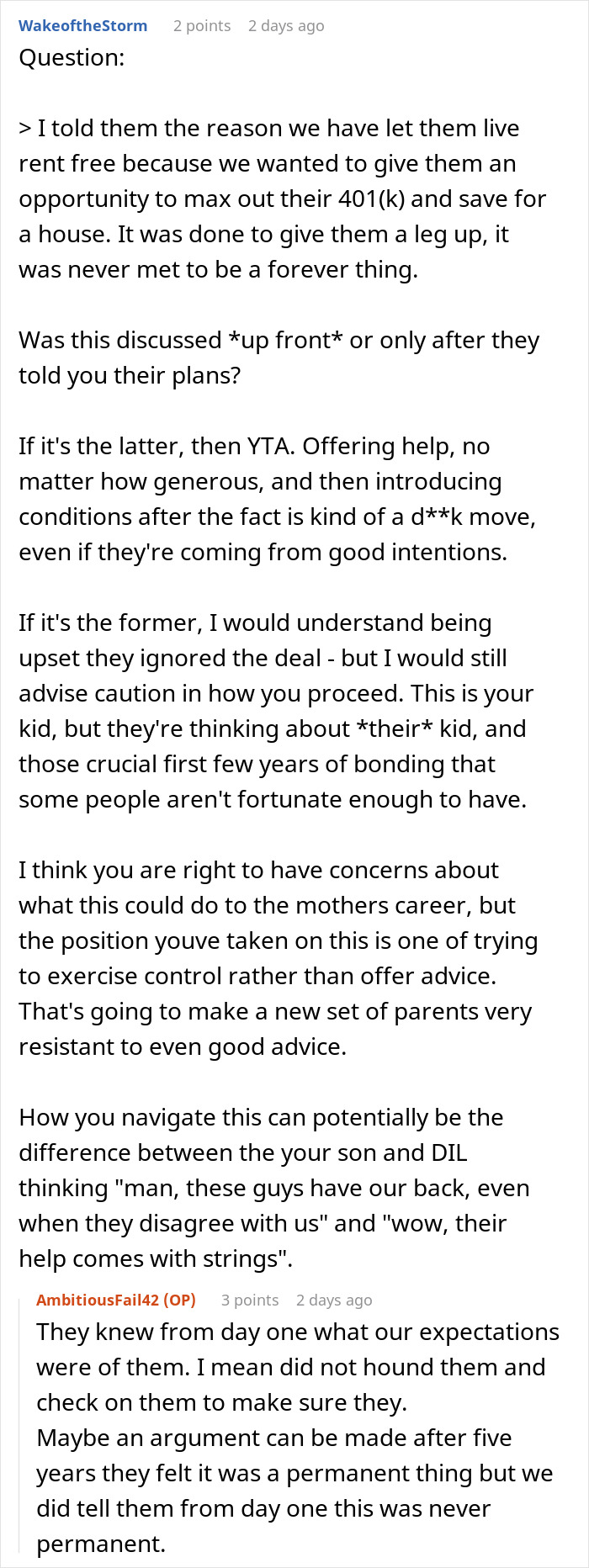 A comment about parents giving son free housing, questioning if the free housing was always temporary and discussing expectations.