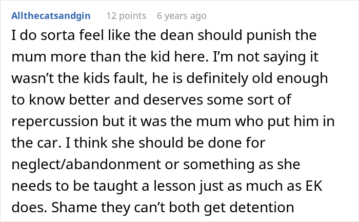 Comment saying dean should punish mom more than son in roommates New York trip conflict