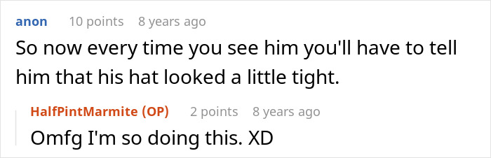 A comment suggesting teasing the person about their hat, related to the hidden detail in the family photos revenge. A comment suggesting teasing the person about their hat, related to the hidden detail in the family photos revenge.