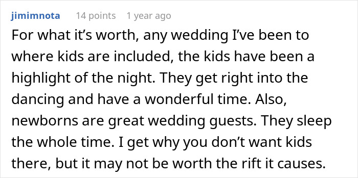 A Reddit comment about in-laws demanding special exceptions for child-free celebration and resorting to threats.