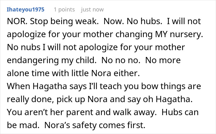 An online comment advising a mother to prioritize her baby safety over making her husband or MIL happy after nursery dispute. An online comment advising a mother to prioritize her baby safety over making her husband or MIL happy after nursery dispute.