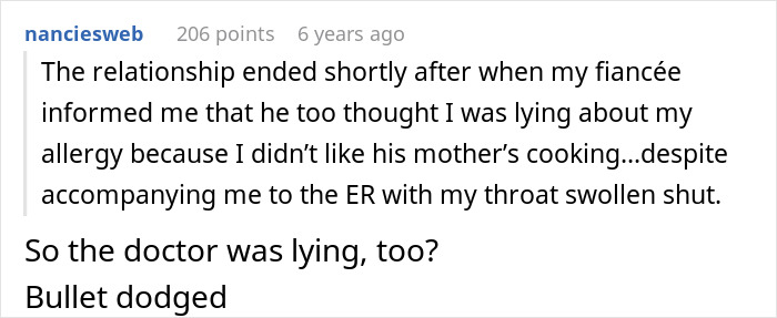 A comment about a fiancé who also thinks a shellfish allergy is fake, despite ER visits. A comment about a fiancé who also thinks a shellfish allergy is fake, despite ER visits.