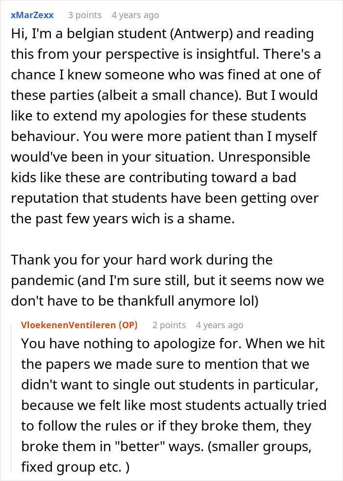 A screenshot of a Reddit comment from a Belgian student about students turning their home into a bar with loud parties. A screenshot of a Reddit comment from a Belgian student about students turning their home into a bar with loud parties.