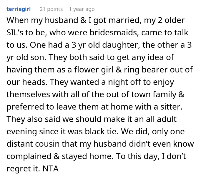 In-laws demand special exceptions for child-free celebration, resorting to threats to get what they want. Reddit comment describes an adult-only black-tie wedding.