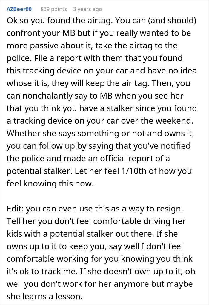 Online advice detailing how a nanny can confront her boss after finding a hidden AirTag tracking device.