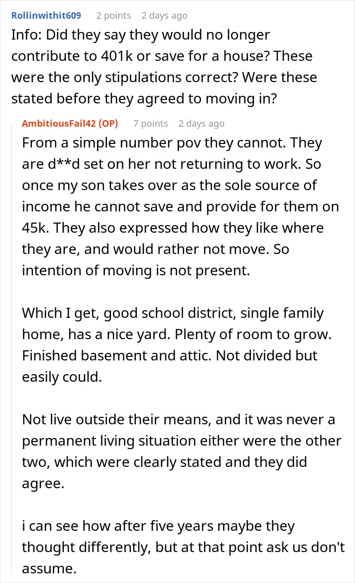 A screenshot of a Reddit discussion about parents giving son free housing, focusing on financial contributions.