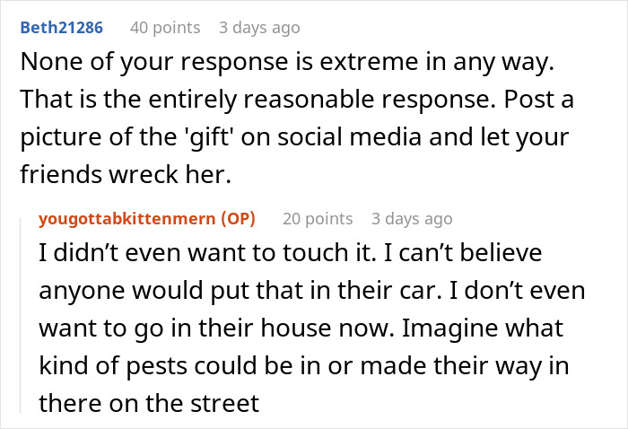 Comment supporting sharing photo of a questionable 'gift' on social media