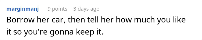 A Reddit comment advises borrowing a car and claiming it as property, humorously reflecting the engagement ring situation.