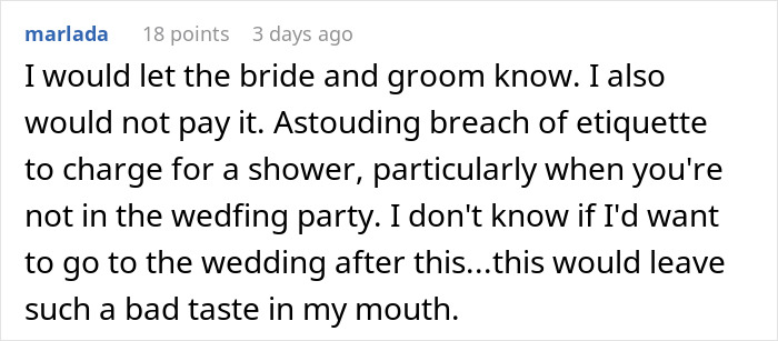 A Reddit comment from marlada suggesting letting the bride and groom know about the bridal shower payment issue.