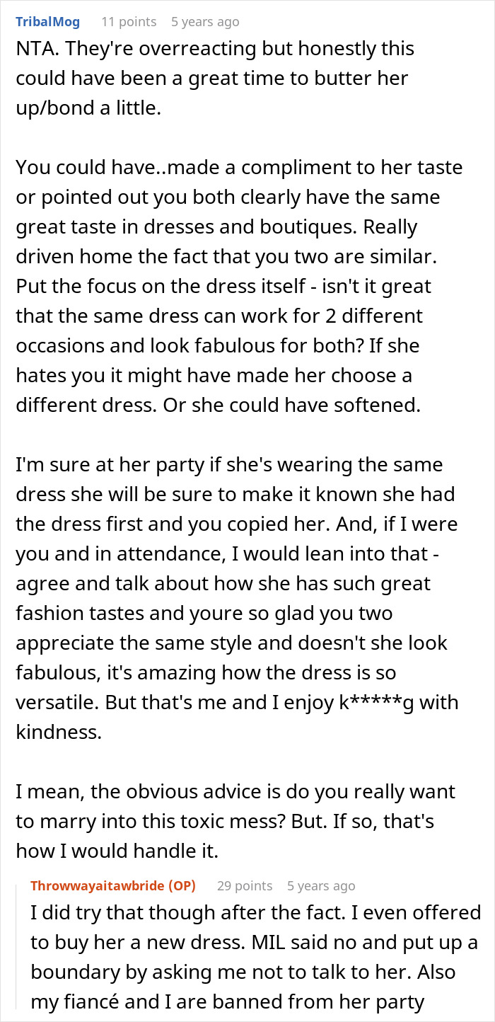 A screenshot of a reddit comment section discussing the MIL's reaction to the shared wedding dress and potential solutions. A screenshot of a reddit comment section discussing the MIL's reaction to the shared wedding dress and potential solutions.