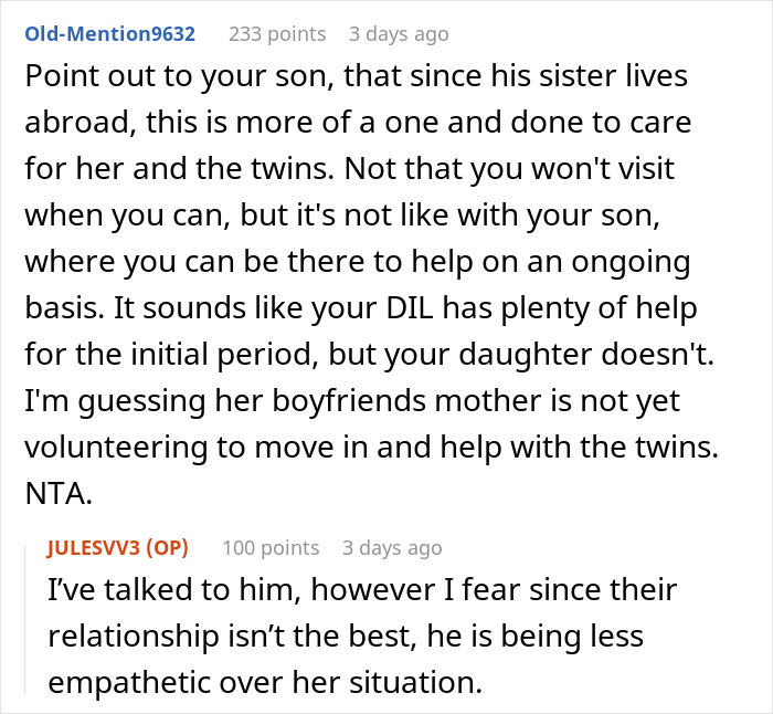 A comment discussion about a MIL choosing to stay with her daughter and twin newborns abroad. A comment discussion about a MIL choosing to stay with her daughter and twin newborns abroad.