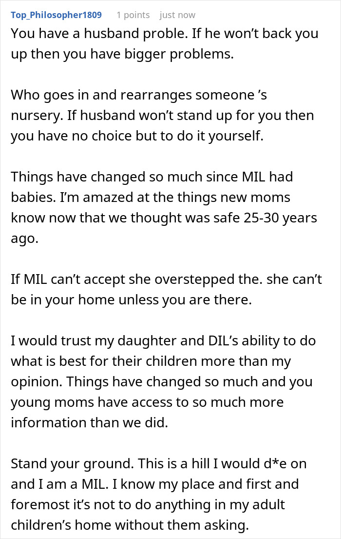 A comment from a MIL agreeing that rearranged nursery boundaries are wrong and to stand your ground. A comment from a MIL agreeing that rearranged nursery boundaries are wrong and to stand your ground.