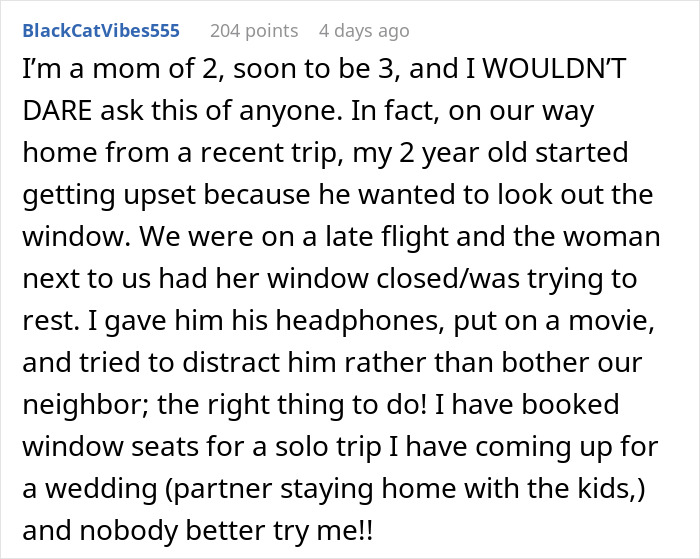 A screenshot of a Reddit comment from a mom about an airplane window seat experience. A screenshot of a Reddit comment from a mom about an airplane window seat experience.