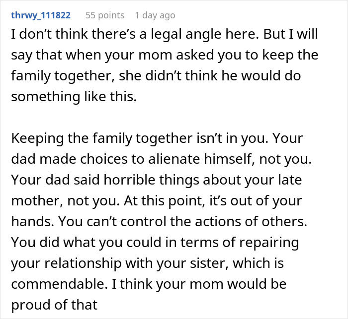 A social media comment supporting daughters after their widowed dad remarries and alienates them, affirming their efforts to keep family together. A social media comment supporting daughters after their widowed dad remarries and alienates them, affirming their efforts to keep family together.