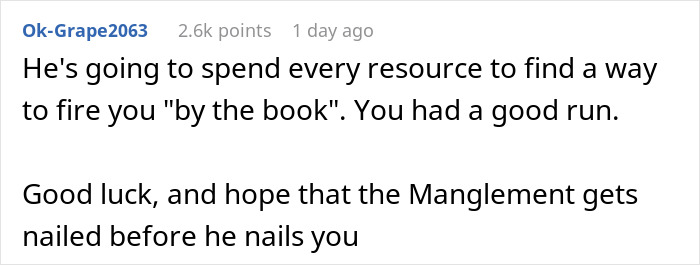 A comment predicts a boss will try to fire an employee 'by the book' after their home office was approved by HR. A comment predicts a boss will try to fire an employee 'by the book' after their home office was approved by HR.