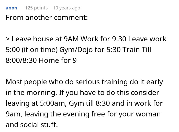 Comment suggesting early morning training to free evenings for relationship time Comment suggesting early morning training to free evenings for relationship time