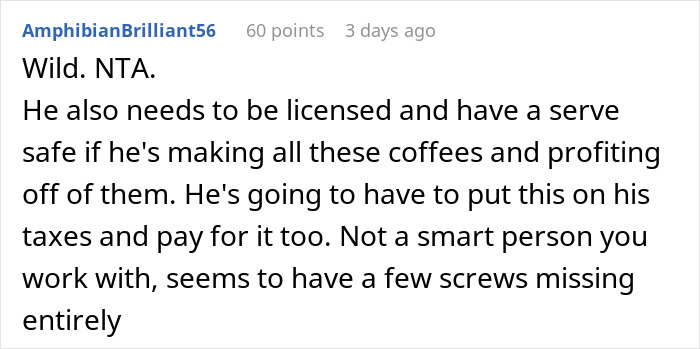 Comment highlighting legal and tax issues of running a coffee machine business in the office