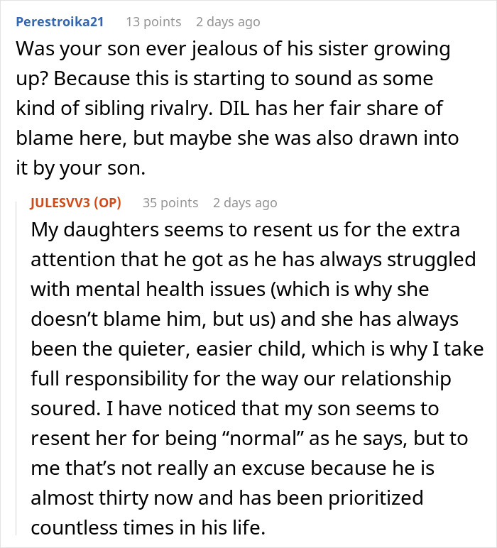 Reddit comments discussing family sibling rivalry and mental health issues of a son. Reddit comments discussing family sibling rivalry and mental health issues of a son.